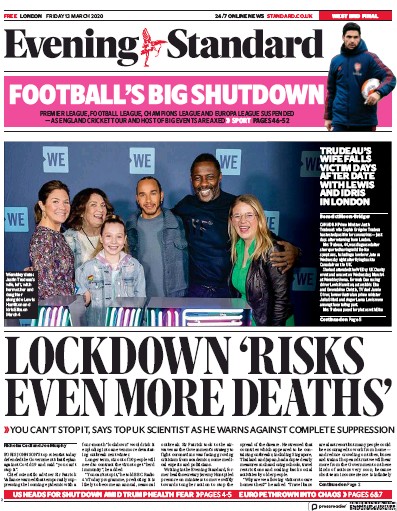 London Evening Standard Newspaper Front Page (UK) for 14 March 2020
