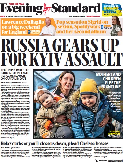 London Evening Standard Newspaper Front Page (UK) for 14 March 2022