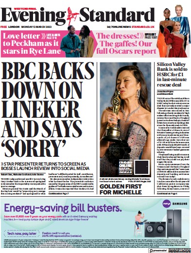 London Evening Standard Newspaper Front Page (UK) for 14 March 2023