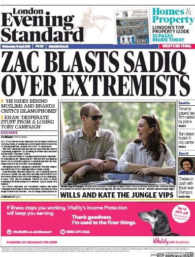 London Evening Standard Newspaper Front Page (UK) for 14 April 2016