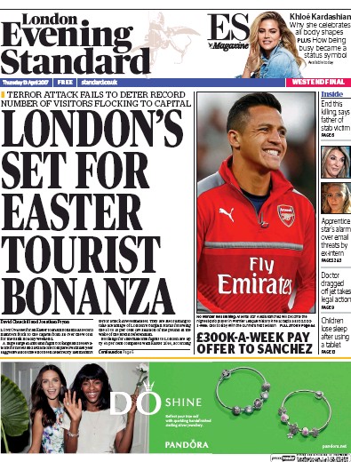 London Evening Standard Newspaper Front Page (UK) for 14 April 2017