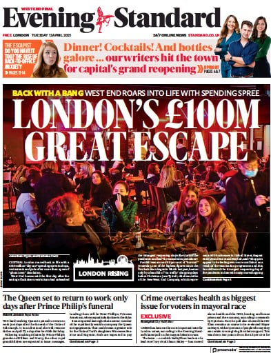 London Evening Standard Newspaper Front Page (UK) for 14 April 2021