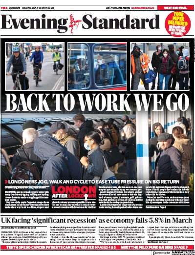 London Evening Standard Newspaper Front Page (UK) for 14 May 2020