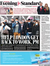 London Evening Standard (UK) Newspaper Front Page for 14 May 2021