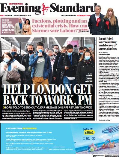 London Evening Standard Newspaper Front Page (UK) for 14 May 2021