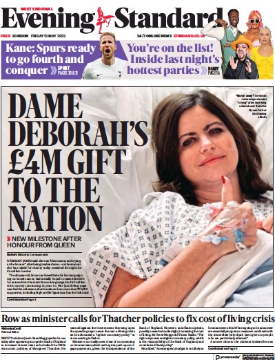 London Evening Standard Newspaper Front Page (UK) for 14 May 2022