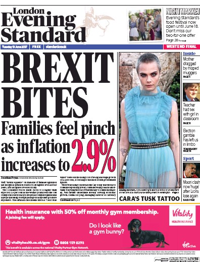 London Evening Standard Newspaper Front Page (UK) for 14 June 2017