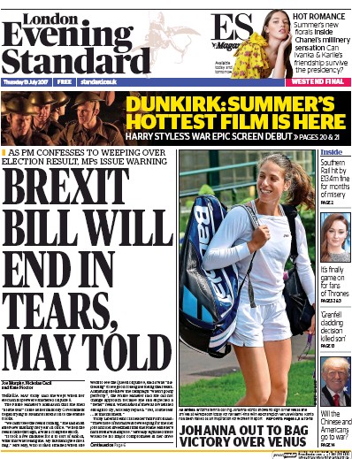 London Evening Standard Newspaper Front Page (UK) for 14 July 2017