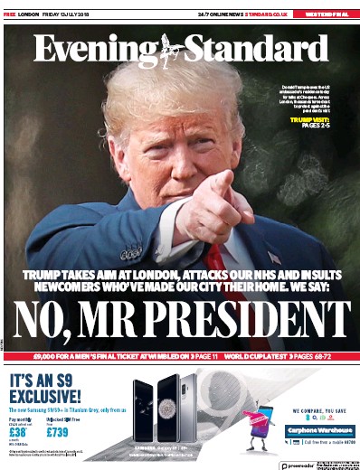 London Evening Standard Newspaper Front Page (UK) for 14 July 2018