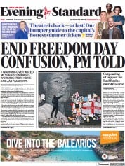 London Evening Standard (UK) Newspaper Front Page for 14 July 2021