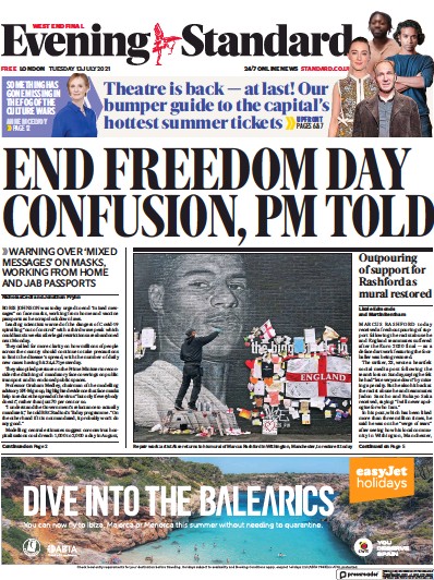 London Evening Standard Newspaper Front Page (UK) for 14 July 2021