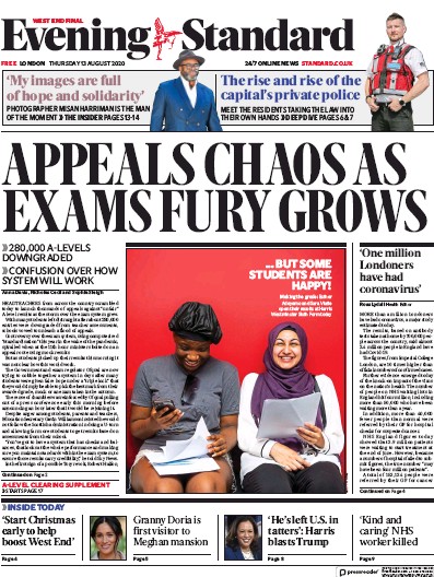 London Evening Standard Newspaper Front Page (UK) for 14 August 2020
