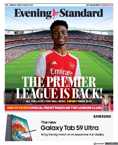 London Evening Standard Newspaper Front Page (UK) for 14 August 2023