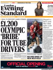 London Evening Standard (UK) Newspaper Front Page for 14 September 2011