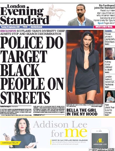 London Evening Standard Newspaper Front Page (UK) for 14 September 2016