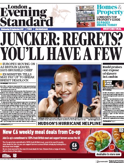 London Evening Standard Newspaper Front Page (UK) for 14 September 2017