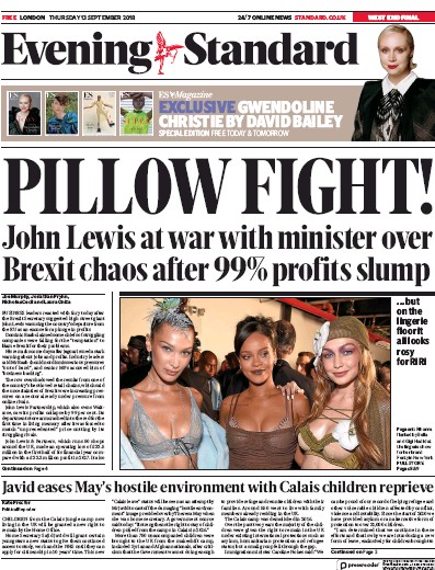 London Evening Standard Newspaper Front Page (UK) for 14 September 2018