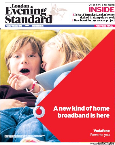 London Evening Standard Newspaper Front Page (UK) for 15 October 2015