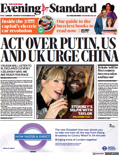 London Evening Standard Newspaper Front Page (UK) for 15 November 2022