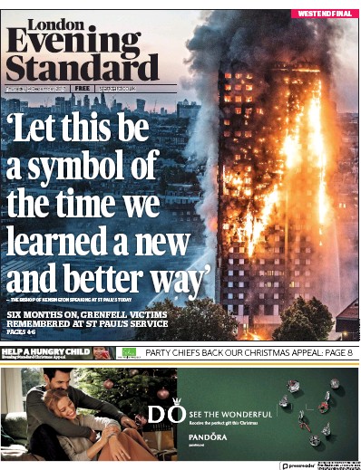 London Evening Standard Newspaper Front Page (UK) for 15 December 2017