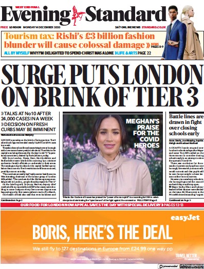 London Evening Standard Newspaper Front Page (UK) for 15 December 2020