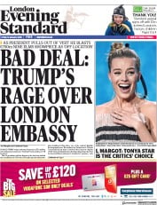London Evening Standard (UK) Newspaper Front Page for 15 January 2018