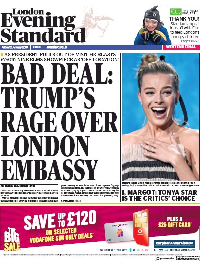 London Evening Standard Newspaper Front Page (UK) for 15 January 2018
