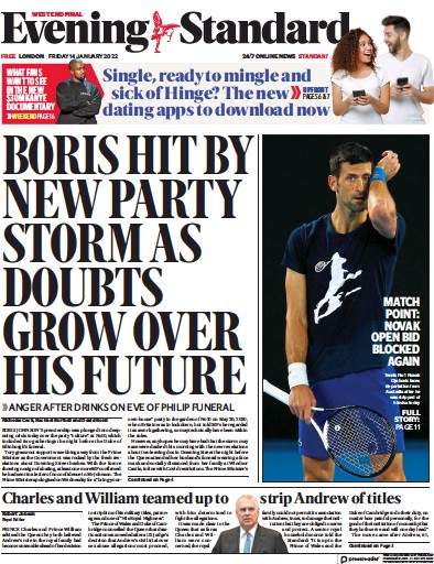 London Evening Standard Newspaper Front Page (UK) for 15 January 2022