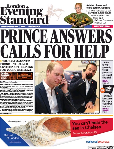 London Evening Standard Newspaper Front Page (UK) for 15 February 2017