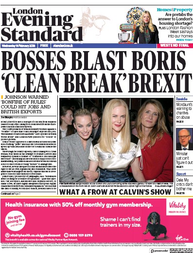 London Evening Standard Newspaper Front Page (UK) for 15 February 2018