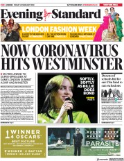 London Evening Standard (UK) Newspaper Front Page for 15 February 2020