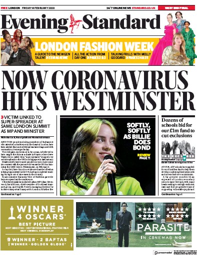 London Evening Standard Newspaper Front Page (UK) for 15 February 2020