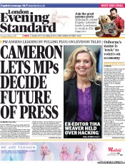 London Evening Standard Newspaper Front Page (UK) for 15 March 2013