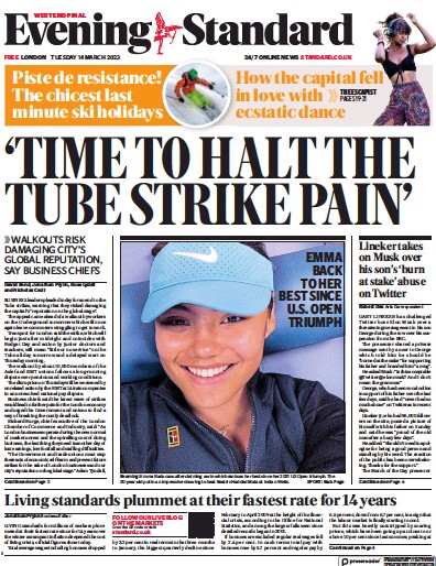 London Evening Standard Newspaper Front Page (UK) for 15 March 2023