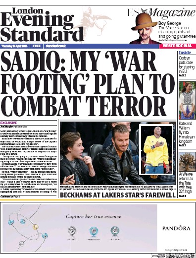 London Evening Standard Newspaper Front Page (UK) for 15 April 2016