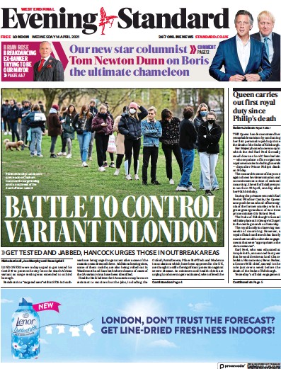 London Evening Standard Newspaper Front Page (UK) for 15 April 2021