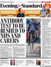 London Evening Standard (UK) Newspaper Front Page for 15 May 2020