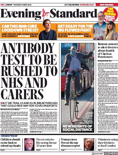 London Evening Standard Newspaper Front Page (UK) for 15 May 2020