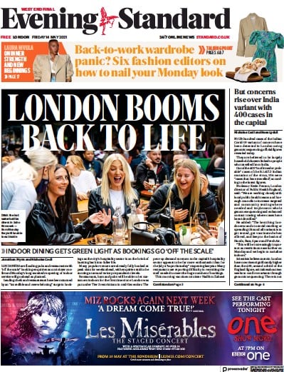 London Evening Standard Newspaper Front Page (UK) for 15 May 2021