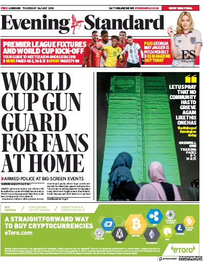 London Evening Standard Newspaper Front Page (UK) for 15 June 2018