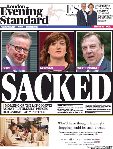 London Evening Standard Newspaper Front Page (UK) for 15 July 2016