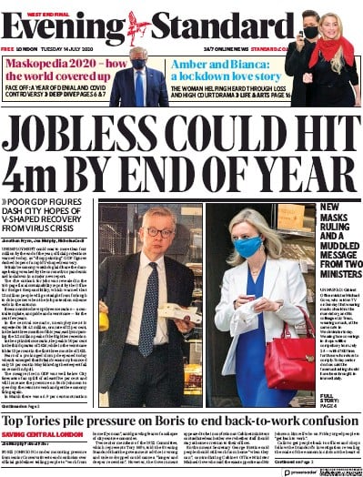 London Evening Standard Newspaper Front Page (UK) for 15 July 2020