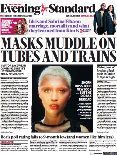 London Evening Standard Newspaper Front Page (UK) for 15 July 2021