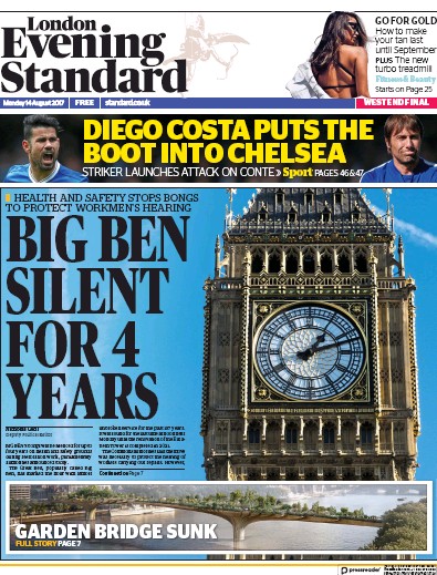 London Evening Standard Newspaper Front Page (UK) for 15 August 2017