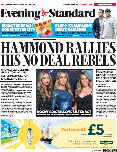 London Evening Standard Newspaper Front Page (UK) for 15 August 2019