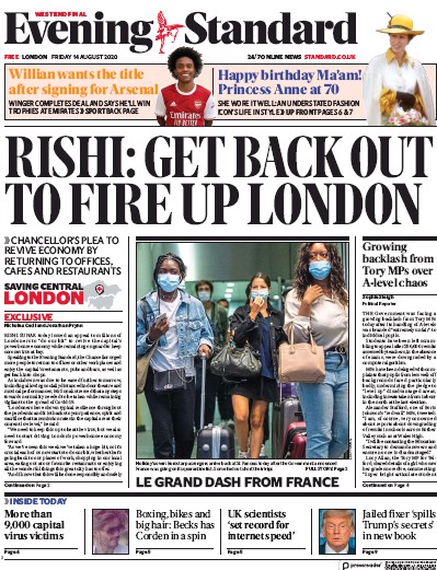 London Evening Standard Newspaper Front Page (UK) for 15 August 2020