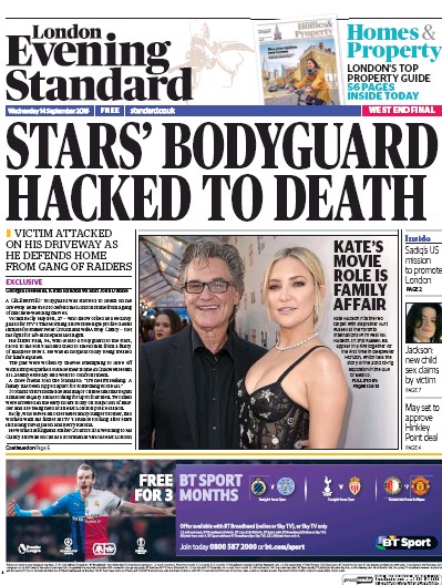 London Evening Standard Newspaper Front Page (UK) for 15 September 2016