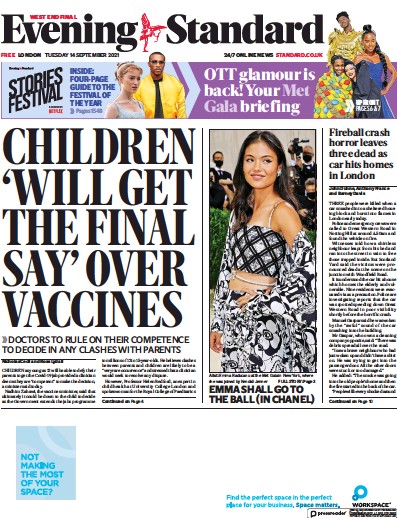 London Evening Standard Newspaper Front Page (UK) for 15 September 2021