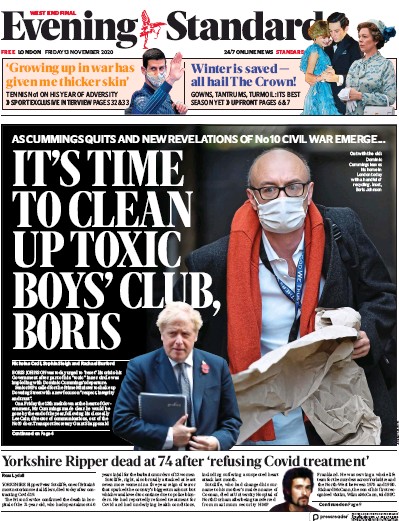 London Evening Standard Newspaper Front Page (UK) for 16 November 2020