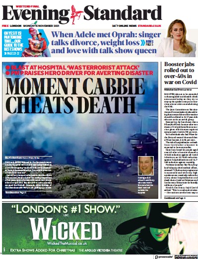 London Evening Standard Newspaper Front Page (UK) for 16 November 2021